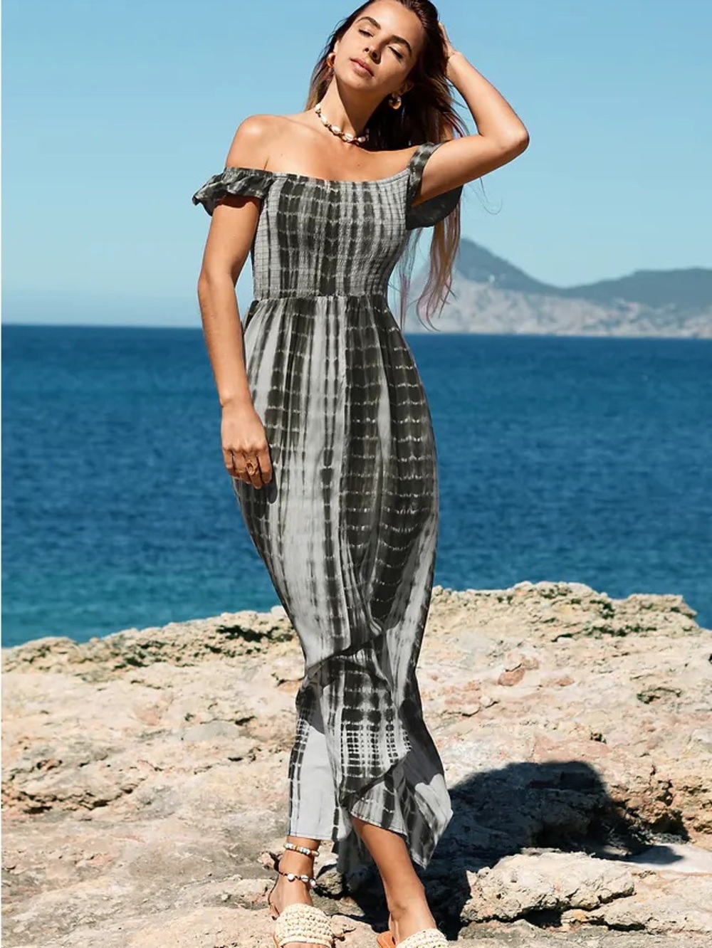 Cupshe Off Shoulder Tie-Dye Maxi Dress in Gray Size Small Boho Beach
